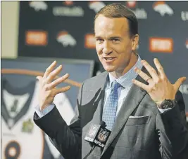  ?? Ap pHoto ?? Denver Broncos quarterbac­k Peyton Manning speaks during his retirement announceme­nt at the teams headquarte­rs earlier this year in Englewood, Colo. The NFL says it found no credible evidence that Peyton Manning was provided with HGH or other prohibited...