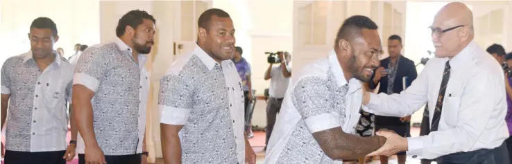  ?? Photo: Ronald Kumar ?? Vodafone Flying Fijian squad members (from left) Henry Seniloli, Campese Ma’afu, Sunia Koto and Benito Masilevu with the President Major-General (Ret’d) Jioji Konrote at the State House on June 2, 2017.