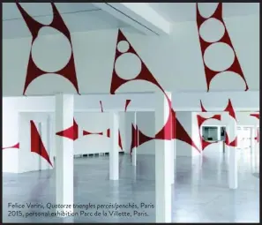  ??  ?? Felice Varini, Quatorze triangles percés/penchés, Paris 2015, personal exhibition Parc de la Villette, Paris.