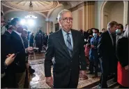  ?? (The Washington Post/Jabin Botsford) ?? Senate Minority Leader Mitch McConnell, R-Ky., departs after a Tuesday news conference following a weekly policy lunch on Capitol Hill in Washington, D.C.