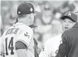  ?? RICHARD MACKSON, USA TODAY SPORTS ?? Dodgers manager Dave Roberts and Astros manager A.J. Hinch, left, talk Tuesday.