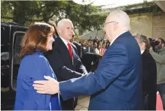  ?? (Mark Neyman/GPO) ?? PRESIDENT REUVEN RIVLIN greets US Vice President Mike Pence and his wife, Karen, yesterday at the President’s Residence.