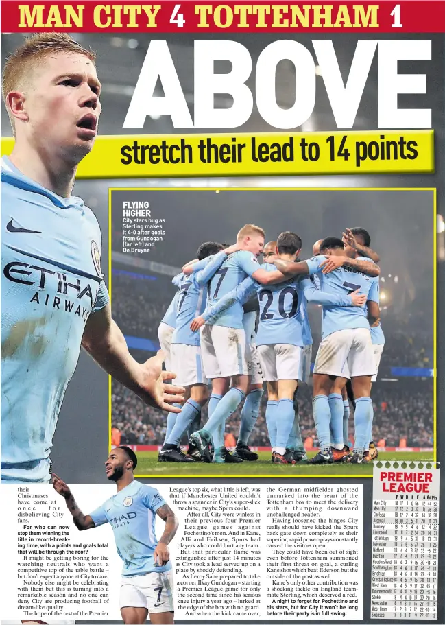  ??  ?? FLYING HIGHER City stars hug as Sterling makes it 4-0 after goals from Gundogan (far left) and De Bruyne