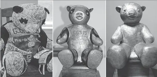  ??  ?? The three faces of Pedro: the original mascot, left, the bronze version that replaced the first panda in 1979, and the new brushed-aluminum creation by local artist Dale Dunning.