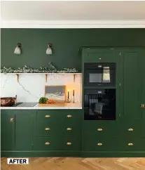  ??  ?? AFTER
AFTER
This page: The L-shaped kitchen features deep green cabinetry, against which the marble worktop and splashback sing. Gold accents complete the look and include a boiling water tap, which was a must-have for Victoria. It sits alongside Devol’s Ionian tap in
Aged Brass