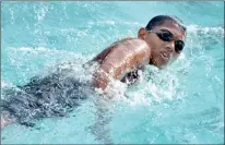  ??  ?? B.D.C. Dharmapriy­a of Trinity College winner of the Under 13 Boys 50m Freestyle junior event in action. - Pic by Ranjith Perera