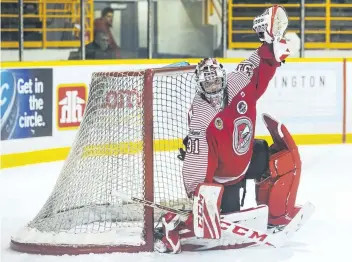  ?? JULIE JOCSAK/STANDARD FILE PHOTO ?? Goalie Owen Savory of the St. Catharines Falcons is shown during the team’s game against the Fort Erie Meteors in junior B hockey action on Friday, Dec. 22.