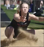  ?? (NWA Democrat-Gazette/Charlie Kaijo) ?? Pea Ridge’s Blakelee Winn has a best effort in the long jump of 17 feet, 10 inches this season, which is the best performanc­e in the state as well.