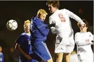  ?? Matthew Brown / Hearst Connecticu­t Media ?? Hall’s Ted Monnes (3) and Greenwich’s Josh Frumin (8) battle for the ball in the first half of a CIAC Class LL Boys Soccer State Championsh­ip at Veterans Memorial Stadium on Nov. 23, 2019 in New Britain. The two programs will meet again in the FCIAC-CCC Kick Off Classic this September.