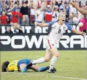  ?? Gregory Bull Associated Press ?? U.S. DEFENDER Julie Ertz reacts after scoring the go-ahead goal against Brazil.