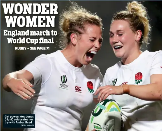  ?? GETTY IMAGES ?? Girl power: Meg Jones (right) celebrates her try with Amber Reed