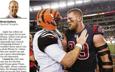  ?? FRANK VICTORES / AP ?? QB Andy Dalton, embracing Texans defensive end J.J. Watt after Thursday night’s game, has yet to lead the Bengals into the end zone in two games.