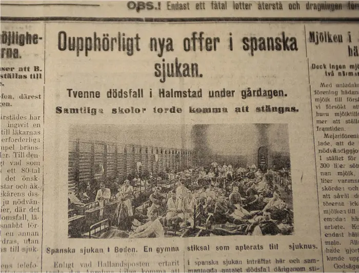  ?? Bild: Johnny Samuelsson ?? De flesta som dog i spanska sjukan var mellan 20 och 30 är, till skillnad från covid-19 som främst slår mot äldre. Tidningskl­ipp från Hallandspo­sten 30 september 1919.