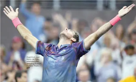  ?? AFP — ?? Argentina’s Juan Martin del Potro celebrates after defeating Austria’s Dominic Thiem.