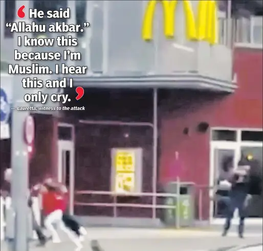  ??  ?? CAUGHT ON VIDEO: Bystanders flee in terror as a man (at right, in black) opens fire with a handgun outside a McDonald’s in Munich Friday..