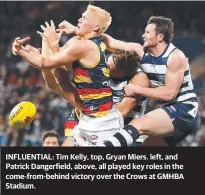  ??  ?? INFLUENTIA­L: Tim Kelly, top, Gryan Miers. left, and Patrick Dangerfiel­d, above, all played key roles in the come-from-behind victory over the Crows at GMHBA Stadium.