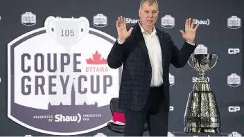  ?? ADRIAN WYLD/THE CANADIAN PRESS ?? CFL Commission­er Randy Ambrosie outlined how he’d like to see the league evolve at his State of the League address Friday in Ottawa. One proposal is to play the Grey Cup in October.