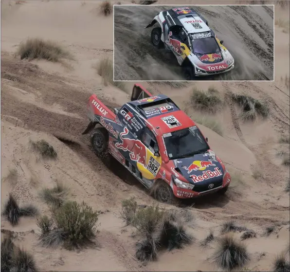  ?? Follow the Dakar rally live on our website www.motoring.co.za ?? Giniel De Villiers and co-driver Dirk Von Zitzewitz navigate the dunes during the 7th stage of the Dakar rally between Oruro and Uyuni in Bolivia, while Sebastien Loeb (insert) on Tuesday took the lead from his Peugeot team-mate Stephane Peterhanse­l.