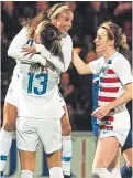  ??  ?? Top: Erin Cuthbert challenges Julie Ertz; left: Mallory Pugh is fouled by Kirsty Smith for a penalty, and Alex Morgan celebrates her goal.