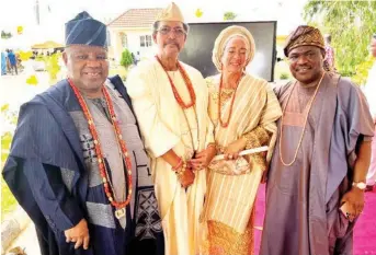  ?? ?? Otunba Prof. Toyin Ashiru ( left), Olorogun, Otunba, Dr Oskar CJ Ibru JP; Olorogun, Yeye Otunba Wanda E Ibru; and Otunba Bimbo Ashiru, at the birthday ceremony of Oba Sikiru K. Adetona, the Awujale of Ijebu land, IjebuOde, Ogun State.