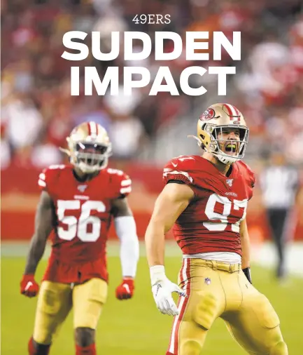  ?? Tony Avelar / Associated Press ?? Top: 49ers defensive end Nick Bosa (97) celebrates with linebacker Kwon Alexander during Monday’s boat race over the Browns. Above: Warriors forward Draymond Green displays the gusto for which he is known.