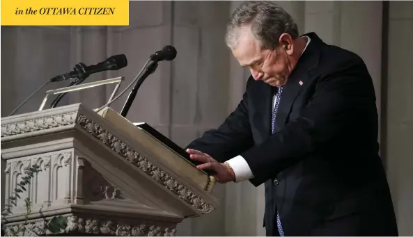  ?? ALEX BRANDON / POOL VIA BLOOMBERG ?? Former U.S. president George W. Bush is briefly overcome with emotion during his eulogy for his father, former president George H.W. Bush, in Washington on Wednesday.