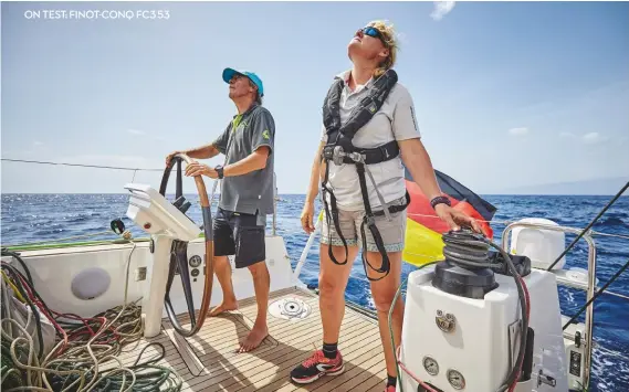  ??  ?? Above: designer Pascal Conq helms while Pip watches the main. Note the central pedestal for easy mainsheet and traveller control. Far left: bowsprit, furler and anchor stowage. Left: lines led back under cockpit coamings