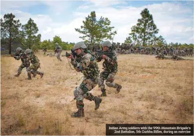  ??  ?? Indian Army soldiers with the 99th Mountain Brigade’s
2nd Battalion, 5th Gurkha Rifles, during an exercise