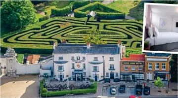  ??  ?? FIT FOR
A KING: The hotel with the famous Hampton Court maze behind it. Above: One of its rooms