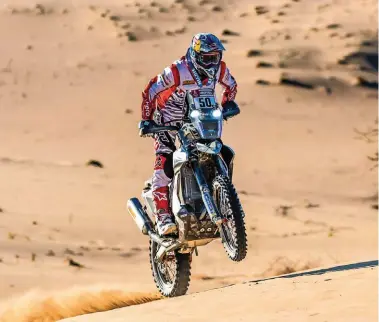  ??  ?? Left: C S Santosh hard on the gas at the 2020 Dakar. Below: Men that rally together, stay together. Bottom: Sebastien Buhler is the most recent addition to the team