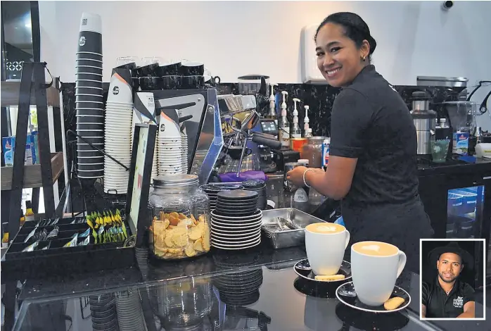  ?? Picture: BALJEET SINGH ?? The Coffee Hub head barista Courtney King prepares coffee at the newly opened outlet at the Star One building, Martintar Nadi. Founded in December 2019 by managing director Zoro Shakil Bhamji. Inset: The Coffee Hub began with a vision to provide exceptiona­l coffee experience­s.