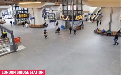  ??  ?? No platformin­g: During most rush hours the station is crammed with commuters – now it’s spookily empty LONDON BRIDGE STATION