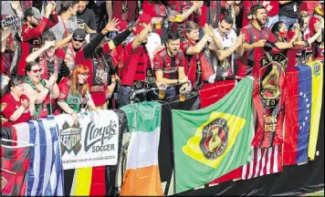 ?? CURTIS COMPTON / CCOMPTON@AJC.COM ?? A crowd of 45,000 packed Bobby Dodd Stadium on Saturday to cheer Atlanta United on to beat the Chicago Fire 4-0.