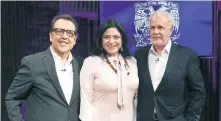  ??  ?? César Moheno de Todos por México; Alejandra Frausto, de Juntos haremos historia; y Raúl Padilla, de Por México al frente, tras el encuentro en la UNAM.