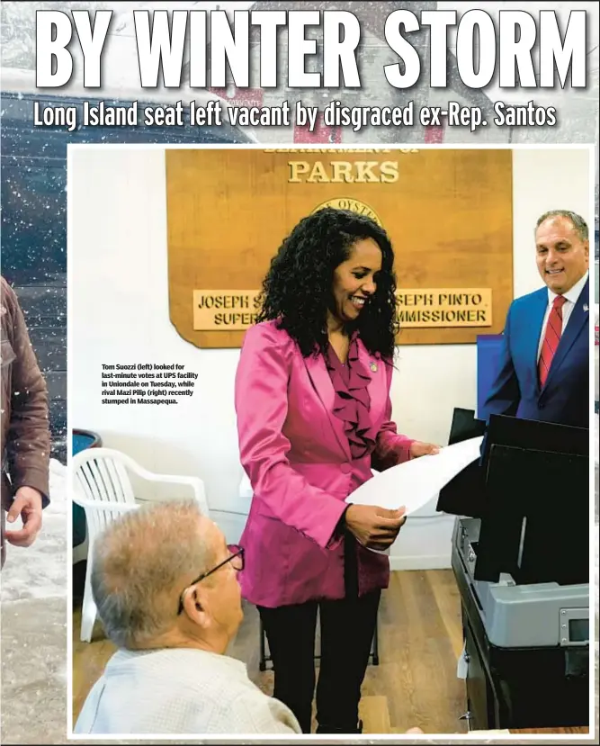  ?? ?? Tom Suozzi (left) looked for last-minute votes at UPS facility in Uniondale on Tuesday, while rival Mazi Pilip (right) recently stumped in Massapequa.