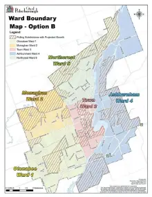  ??  ?? Option B, one of three options being considered to change the city’s ward boundaries for the 2018 municipal election to reflect the address the decline in population in the existing Town Ward.