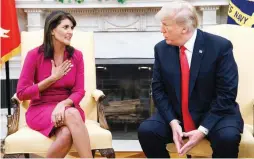  ??  ?? RESIGNED–President Donald Trump meets with US ambassador to the United Nations Nikki Haley in the Oval Office in Washington Tuesday. (AP)