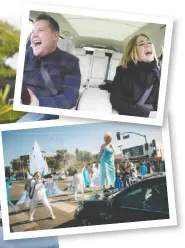  ?? ?? Britney Spears joins James Corden for his popular “Carpool Karaoke” segment on The Late Late Show with James Corden in 2016. Insets, from top: Pop star Adele also did a turn on “Carpool Karaoke”; “Crosswalk the Musical” was another popular Late Late Show staple.