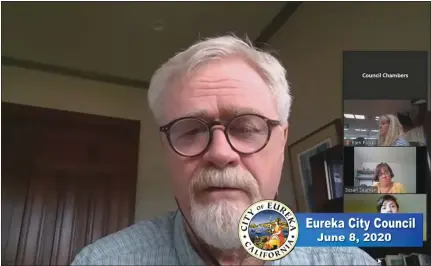  ?? SCREENSHOT ?? Eureka City Attorney Robert Black explains the details of an ordinance extending a temporary eviction moratorium for residents experienci­ng financial difficulti­es as a result of COVID-19at a special Eureka City Council meeting conducted via videoconfe­rencing app Zoom on Monday. The council voted unanimousl­y to approve the extension.