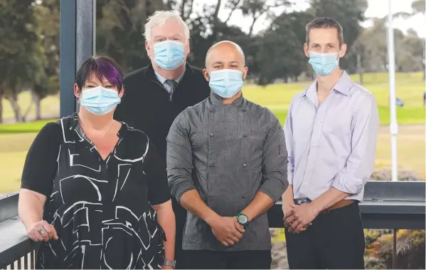  ?? Picture: ALAN BARBER ?? Clifton Springs Golf Club’s Mel Lomas (operations manager), Danny Zernich ( general manager), Gopi Vijhayarag­havan (executive chef) and Ken Dean (bistro manager) are pitching in to help those doing it tough.