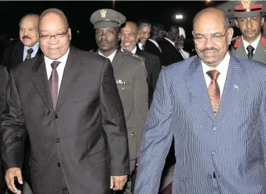  ?? ?? VIOLATION: President Jacob Zuma, left, with Sudan’s President Omar al-Bashir arrives at Khartoum Internatio­nal Airport. The ICC urged South Africa to put its weight behind achieving internatio­nal justice. Picture: GCIS