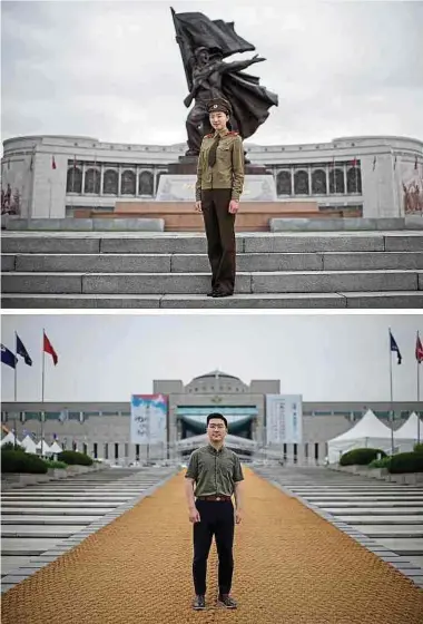  ?? Photos: AFP ?? De Pyongyang à Séoul, la Corée du Nord (haut) et la Corée du Sud (bas) ont des vues diamétrale­ment opposées de cette guerre qui depuis les années 1950 divise la péninsule.