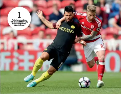  ?? — AP ?? Manchester City’s Sergio Aguero vies for the ball with Middlesbro­ugh’s Adam Clayton (right).