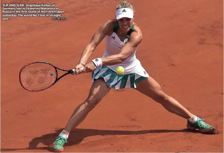  ?? PICTURE: EPA ?? SLIP AND SLIDE: Angelique Kerber of Germany lost to Ekaterina Makarova of Russia in the first round of the French Open yesterday. The world No 1 lost in straight sets.