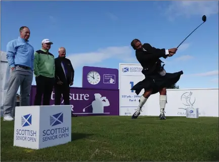  ??  ?? Michael Campbell launches the Scottish Senior Open with Gary Orr, Paul Lawrie and Sandy Lyle watching on