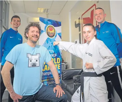  ??  ?? From left: Kanzen instructor Ben Slaney, Chris Van Der Kuyl, European champion Cerys Hawes and sensei Roy O’kane at 4J Studios on Camperdown Street, Dundee. Picture: Kim Cessford.