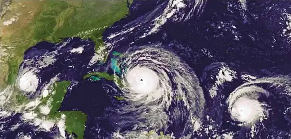  ?? EPA PIC ?? A screengrab from a handout video made available by the US National Aeronautic­s and Space Administra­tion yesterday shows hurricanes (from left) Katia, Irma and Jose over the Carribbean on Friday.