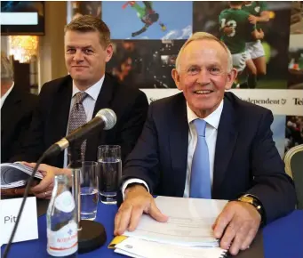  ?? Photo: Frank McGrath ?? Former INM chairman Leslie Buckley (right) with former CEO Robert Pitt at the company’s AGM in the Westbury Hotel, Dublin in 2015.