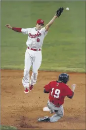  ?? WILLIAM DESHAZER / THE COMMERCIAL APPEAL ?? Redbirds shortstop Pete Kozma can’t haul in the throw from catcher Ed Easley as Oklahoma City’s Andy Simunic steals second base in the bottom of the fifth inning on Saturday.