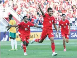  ?? ?? Indonesia’s Komang Teguh celebrates after scoring against Australia.